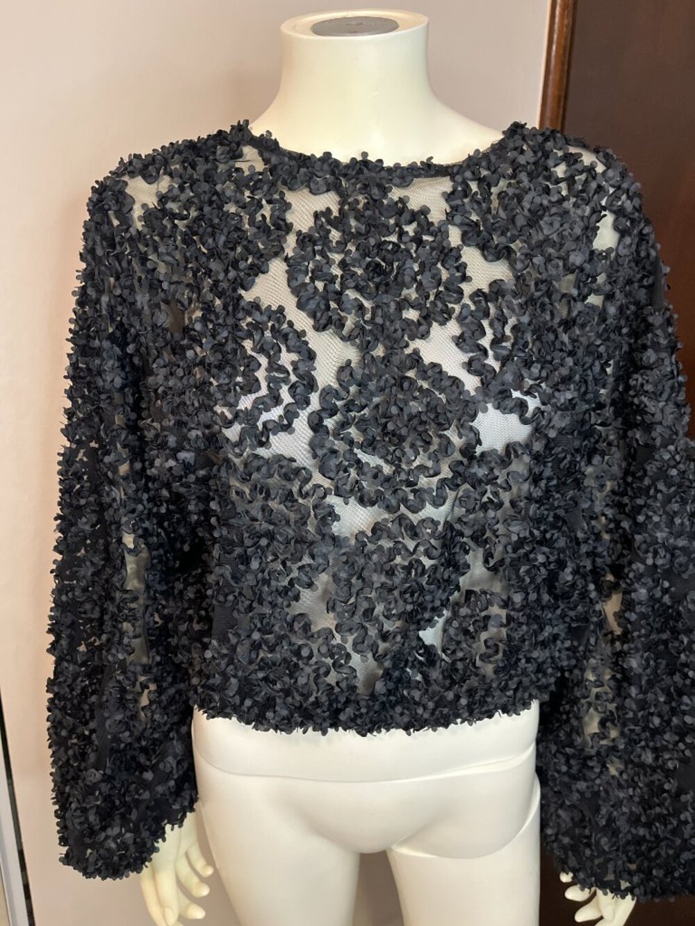 Zara Black 3D Floral Applique Sheer Mesh Top Long Wide Sleeve Large
